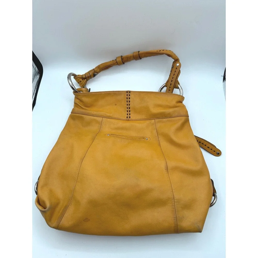 B. Makowsky Hobo Bag Women Large Mustard Yellow Leather Whipstitch Ring Handle